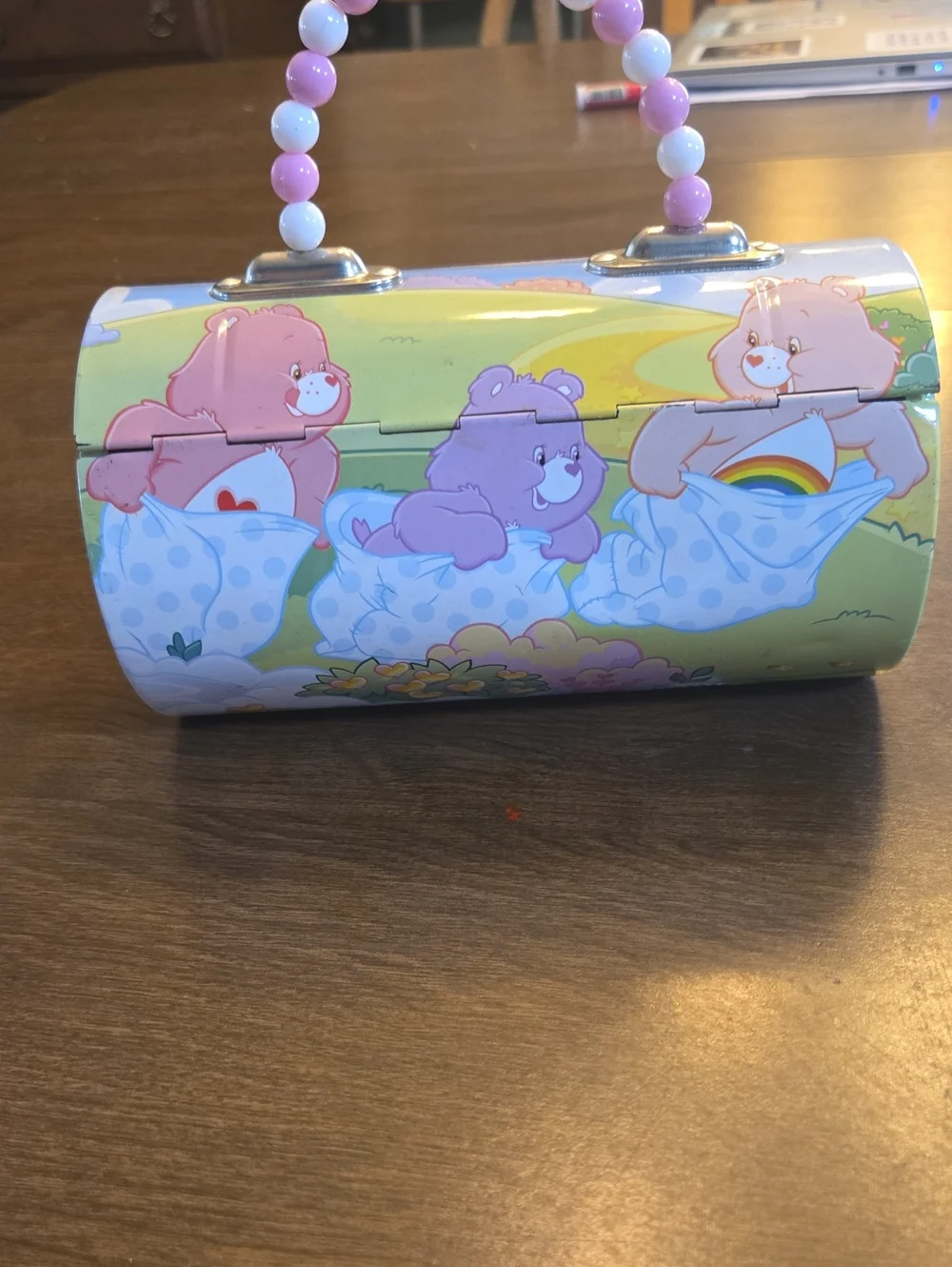 Care Bears Pink White Beaded Handle Kids Bag with Rainbow Print